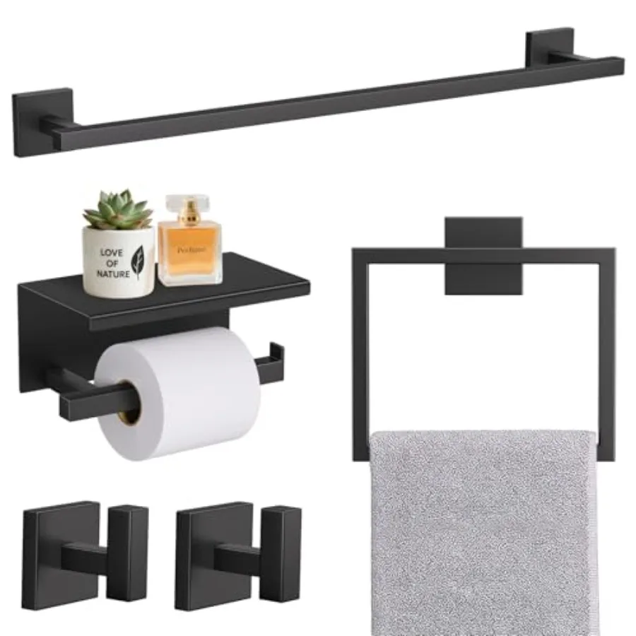 

5-Pieces Bathroom Hardware Accessories Set 23.6" Towel Bar Set Wall Mounted Square Toilet Paper Holder with Shelf Stainless Ste