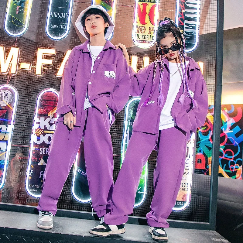 ملابس أداء رقص الشوارع للأطفال ، بدلة أرجوانية ، قميص ، بنطلون ، ملابس كيبوب ، أولاد ، بنات ، هيب هوب ، ملابس رقص جاز ، ملابس شارع ، DL10193