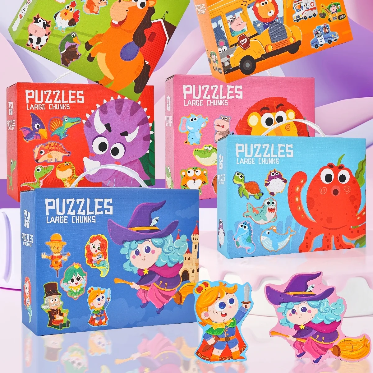 

Funny Dinosaur Cartoon Animal Jigsaw Montessori Car 3D Wooden Puzzle Colorful Educational Baby Wooden Toys Family Playing