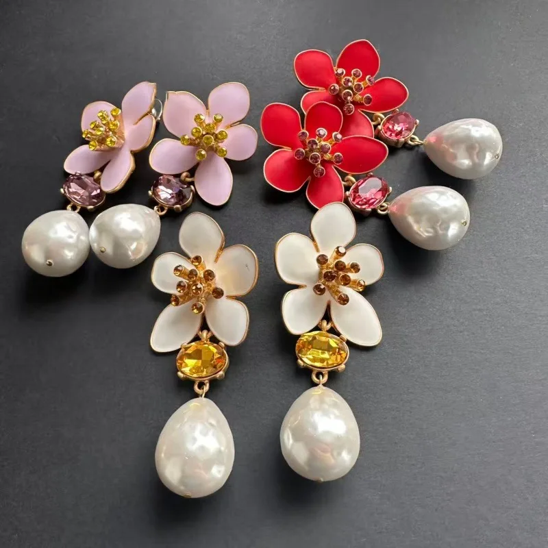 

Os Fashion Jewelry Trendy Big Waterdrop Pearl Enamel Floral Earrings for Women Daily Wearing