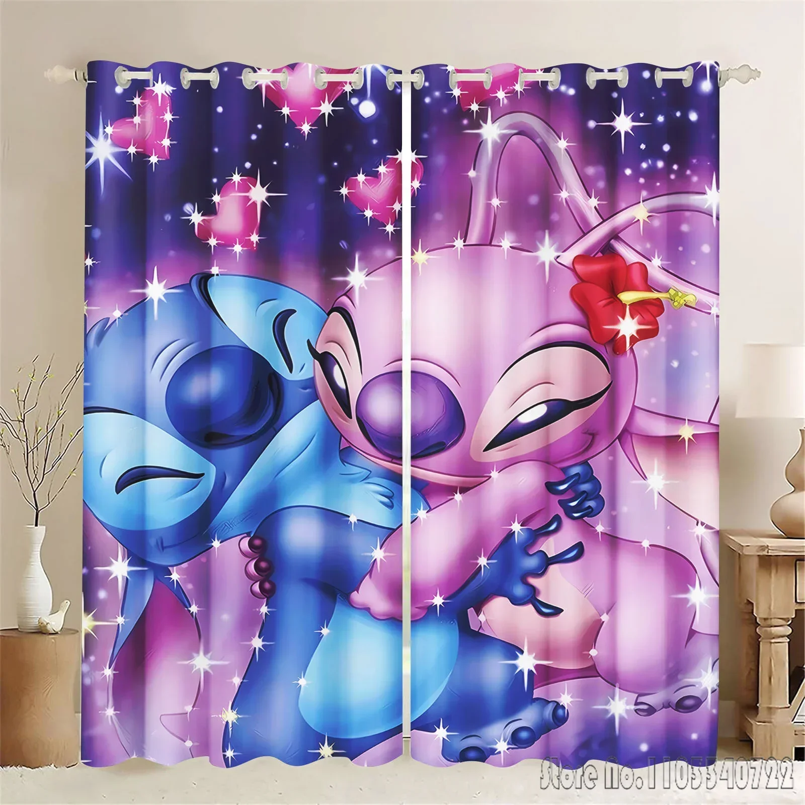 Disney Stitch Lilo Angel Cartoon Window Curtain 3D Print Blackout Curtains Living Room Bedroom Decor Kids Gift