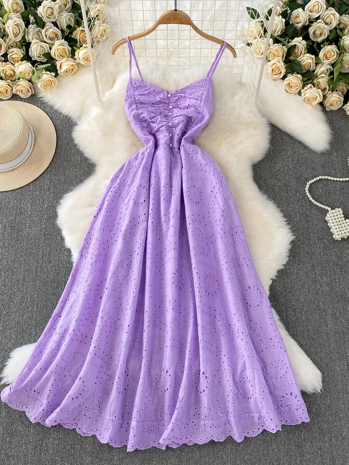 Abito elegante con bretelle con scollo a V rosa alla moda Abito estivo da donna con ricamo in pizzo cavo all'uncinetto sottile Abito lungo sottile Boho Party