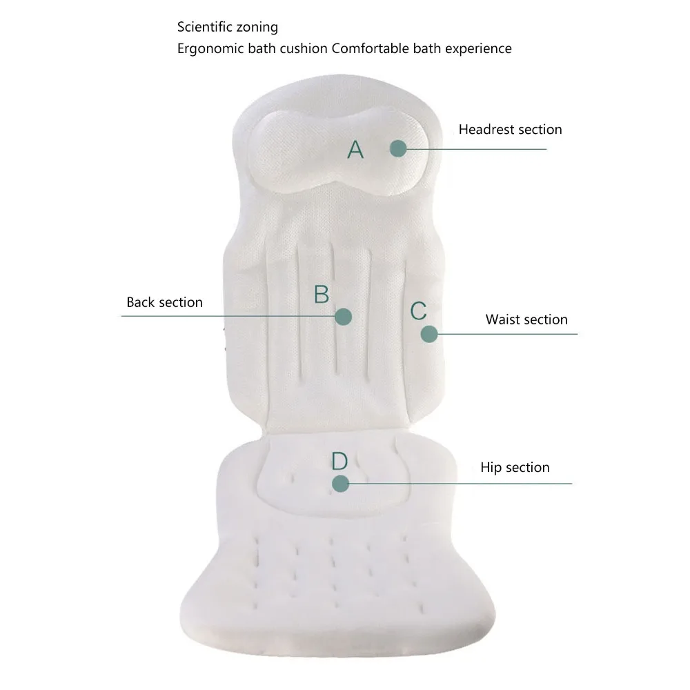 Polyester Full Body Bath Pillow White with Suction Cups Bathtub Cushion 4D High Elasticity Non-Slip Design Bathtub Pillow