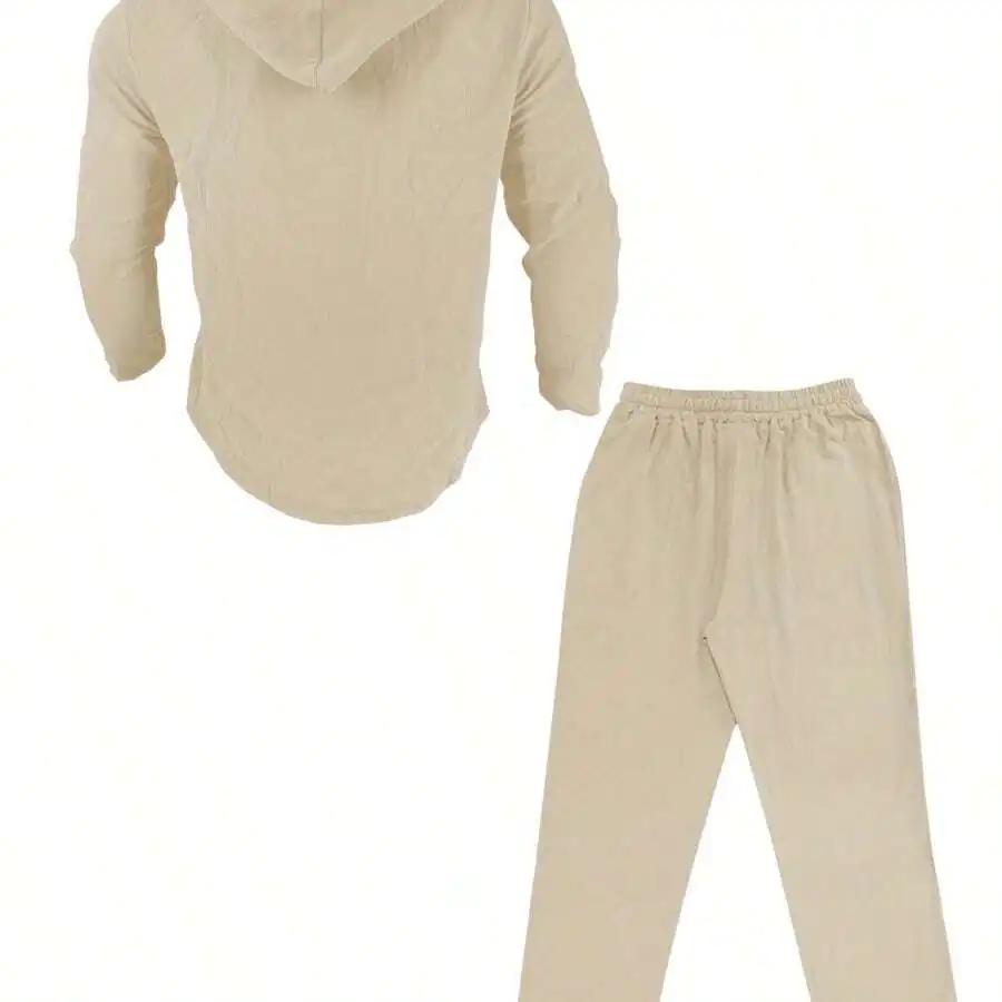 

Beige Linen Men’s Hooded Long Sleeve Top And Elastic Waist Trousers For Spring Summer Autumn Outdoor Activities