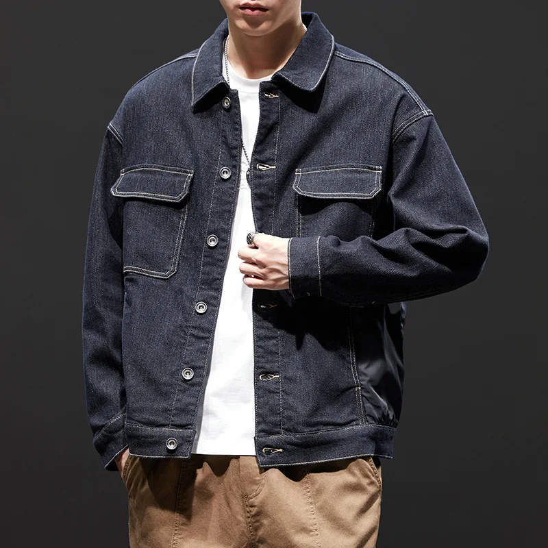 Spring and autumn cargo denim coat men loose large size dark blue retro casual jacket jacket