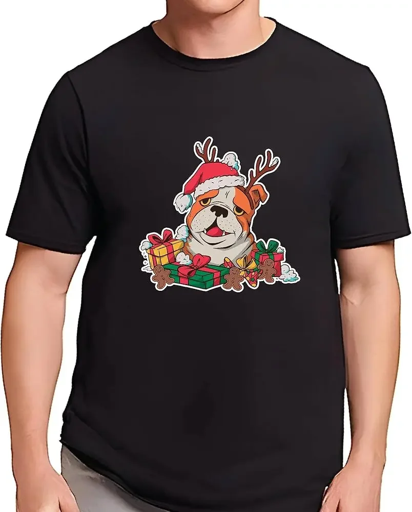 Unique Christmass for Dog Lovers Bulldog Santa Hat Design  High Quality 100%Cotton Short Sleeve