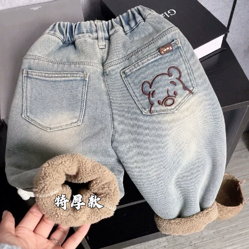 Kids Velvet Jeans Winter New Boys Girls  Thick Fleece Lined Pants Children Warm Demin Pants Casual Loose Trousers 1-8 Years Old