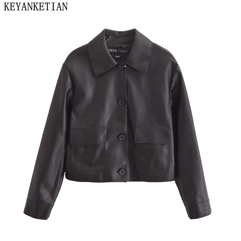 KEYANKETIAN 2024 Autumn New Women's Short Faux Leather Jacket Black Street style Single Breasted Pockets Straight Blazer Top