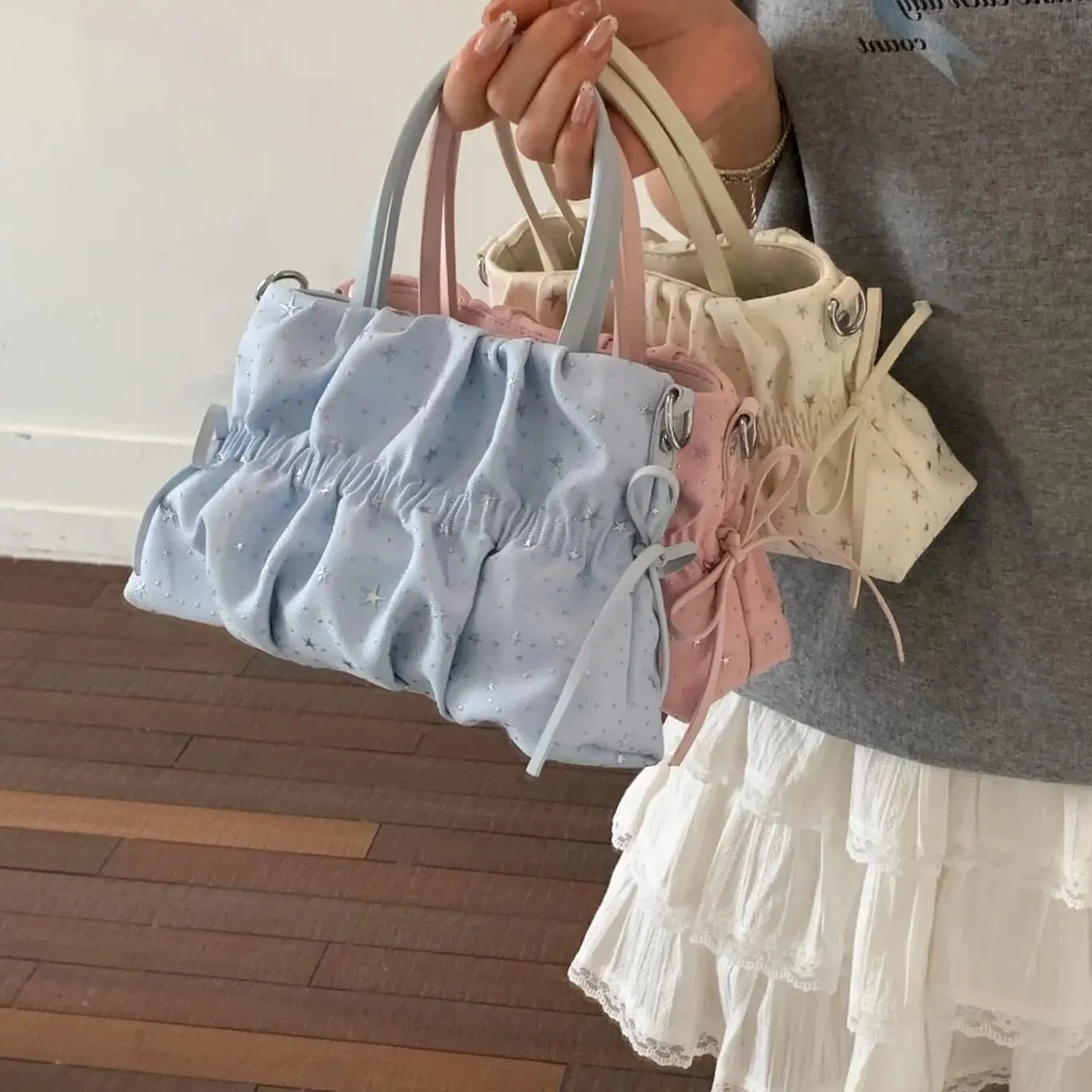French Creative Fashionable Lolita Casual Girls Shoulder Bag Simple Romantic Stars Polka Dots Drawstring Dating Women Handbag