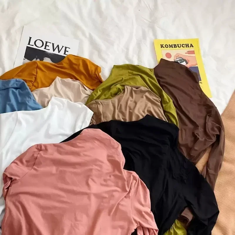 تي شيرت نسائي أنيق بنصف الياقة المدورة وأكمام طويلة مريح بقصة ضيقة أساسي تي شيرت كوري كاجوال مثالي لملابس الخريف والشتاء #5