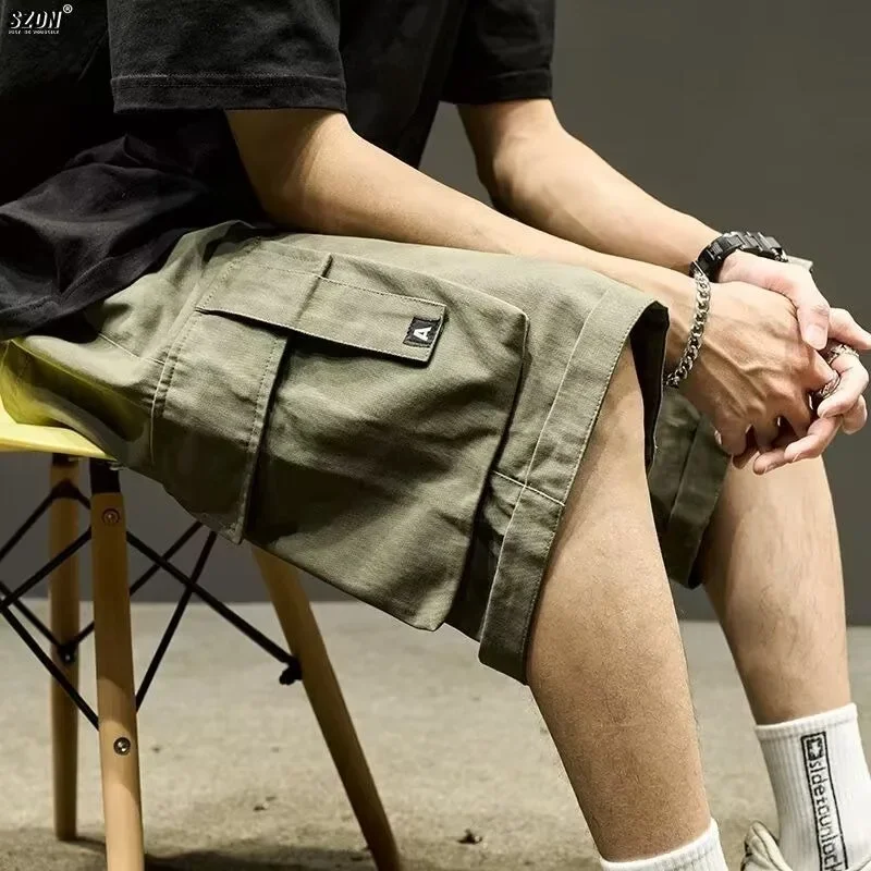 Baggy Elastic Waist with Draw String Wide Mens Cargo Shorts Loose Pockets Over Knee Short Pants for Men Solid Harajuku Summer