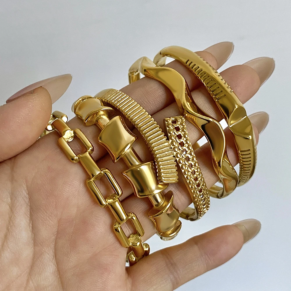 Irregular Gold Plated Stainless Steel Cuff Bangles Fashion Geometric Abstract Textured Wristband Bracelets Waterproof Jewelry