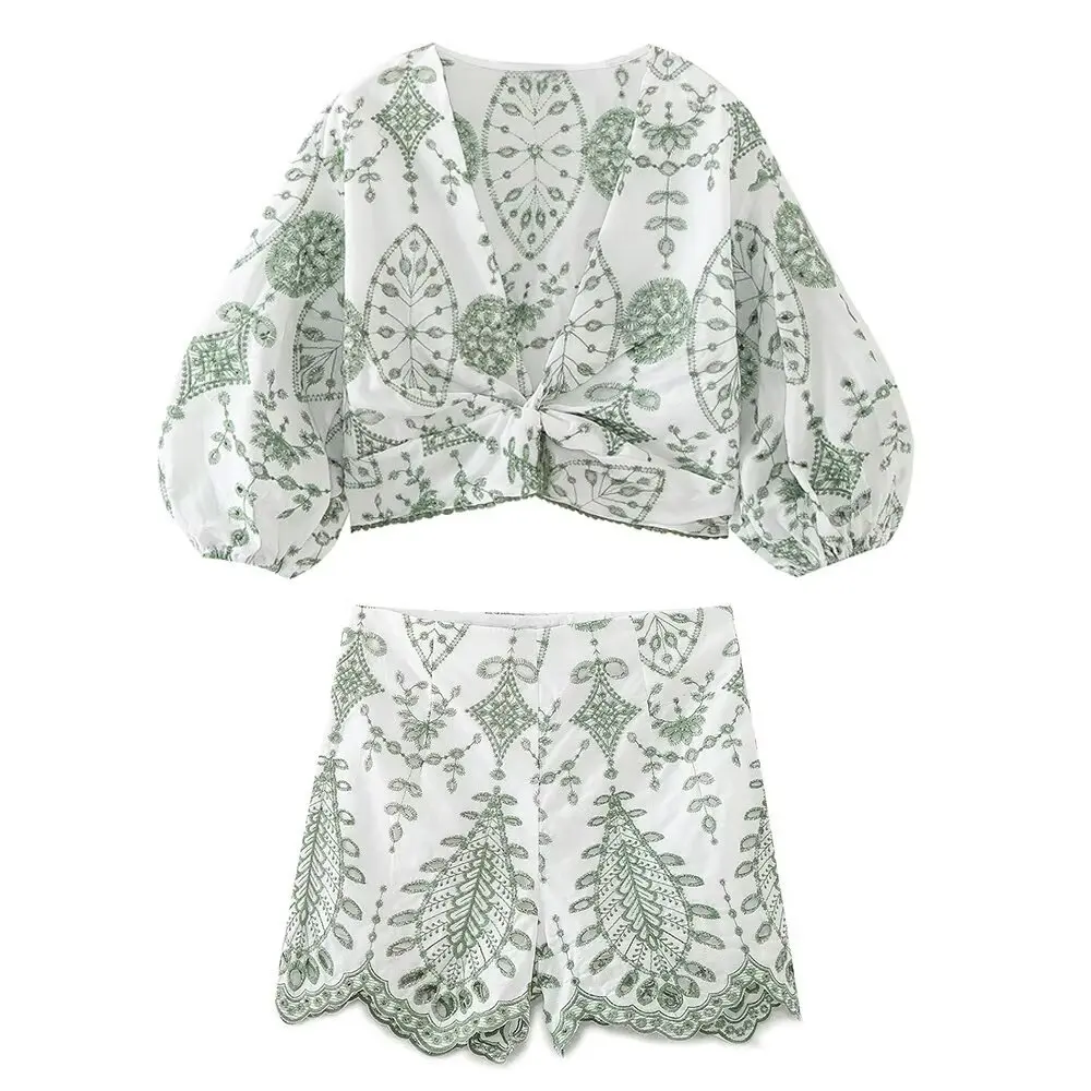 

ZBZA Woman 2 Pieces Shorts Set Embroidery Lace-up Cropped Pleated Blouse High Waist Shorts Suit Summer New Fashion Two Piece Set