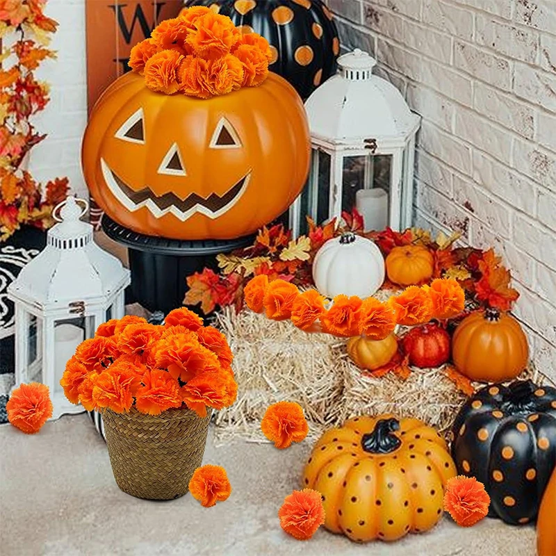 5/10 Stück 5 cm große orangefarbene Ringelblumenköpfe mit Stielen, künstliche Seidenblumen für Zuhause, Zimmer, Hochzeit, Party, Halloween-Dekoration – Detail 8