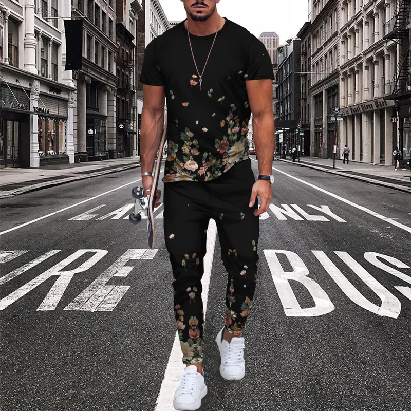 2022 Zomer Mannen Trainingspak Kleur Splash 3D Gedrukt Korte Mouw T-shirt Lange Broek 2 Delige Sets Casual Trend Oversized kleding