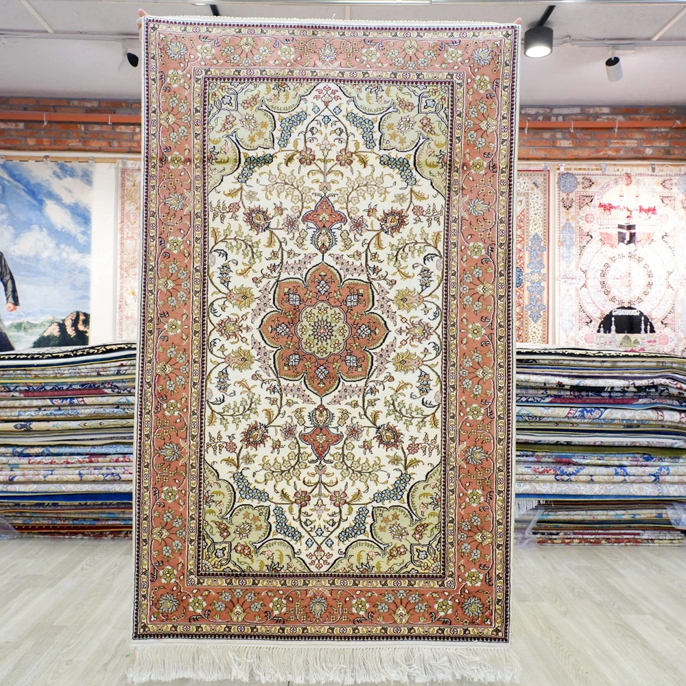 91x152cm Hereke Oriental Beige And Pink Tabriz Carpet Exquisite Persian Silk Rugs (LH1054B)