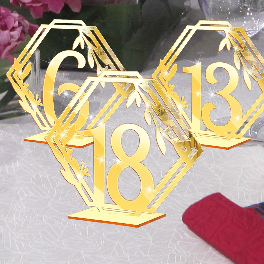 

Acrylic Hexagonal Numbers Table Decoration Signs Round Number Plates Wedding Party Decorations Silver and Gold Markers