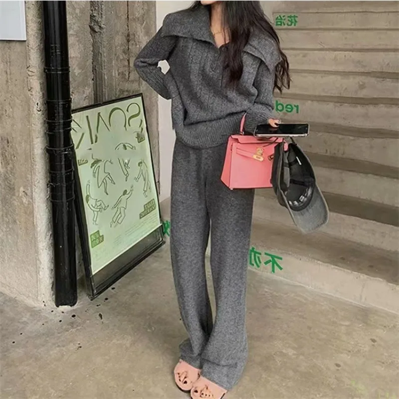 Casual Loose Pants Sets Women Knitted Two Piece Set Solid Lapel Pullover Long Loose Elastic Waist Knitted Pant Autumn Winter