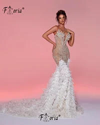 Exquisite White Mermaid Wedding Dress Heavy Feathers Beads Crystal Evening Party Gown Long Celebrity Occasion Dresses Couture