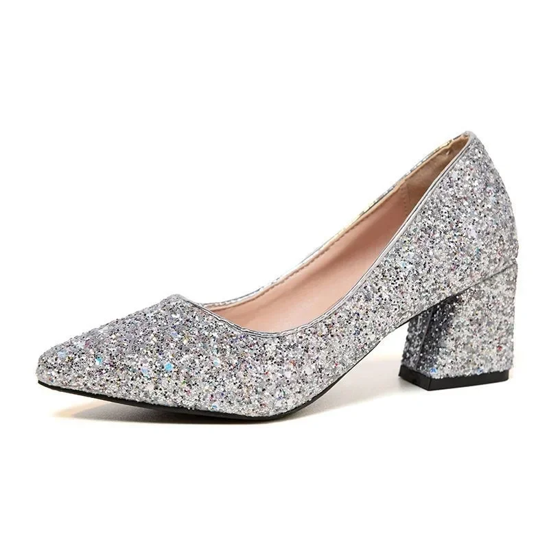 Women's High Heels Elegant Pointed Toe Dress Shoes Comfortable Block Heel Pumps Luxury Sequins Party Heels Bridal Wedding Shoes