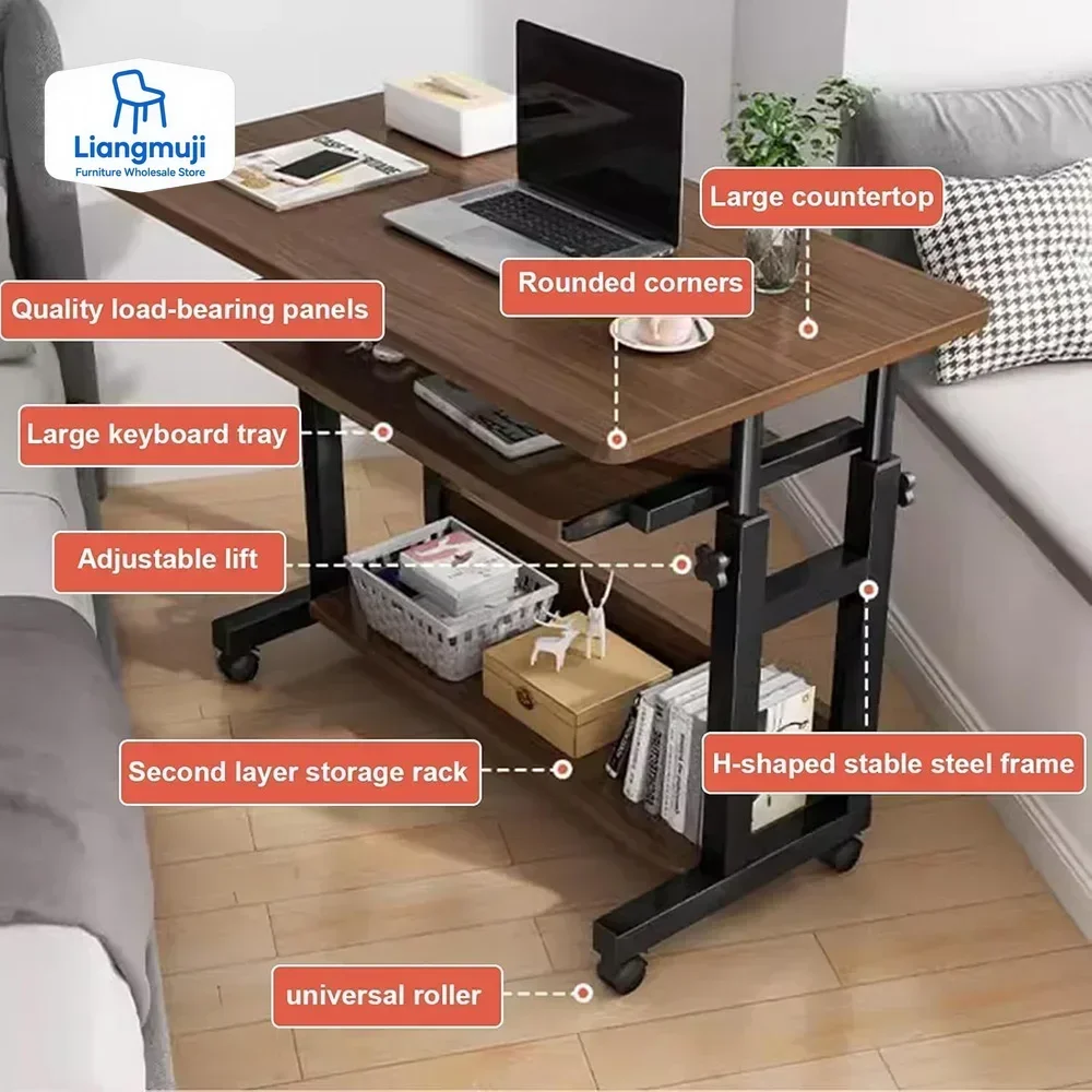 Computer Desk Mobile，Small Adjustable Desk，Office Desk Wooden Writing Desk with Caster，Over Bed Table Adjustable Height