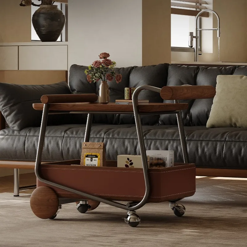 Medieval trolley sofa side table, movable coffee table, high-end walnut leather