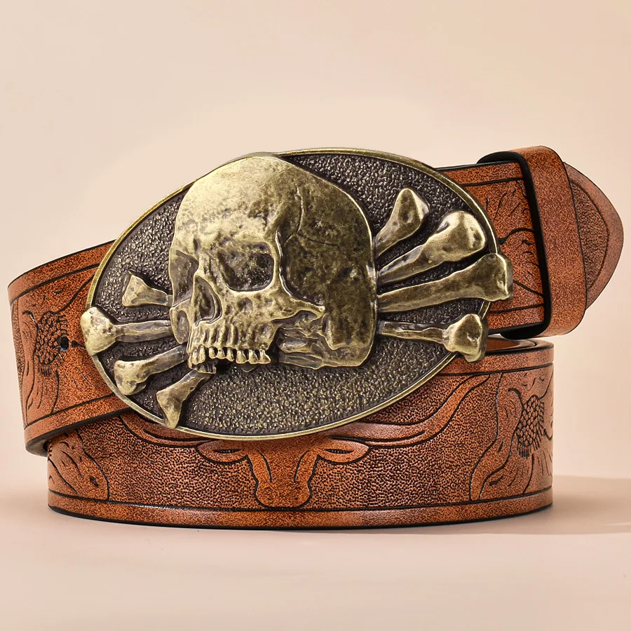 1pc Men's Western Style Belt, Skull, Carved Floral Patterns and Long Horn Decorations, Retro Style, Great Valentine's Day Gift