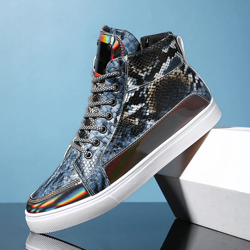 Schlange Leder goldene Skateboard Schuhe Mann Komfort Schnürung Männer High Top Skateboard Turnschuhe Mode Glitter Männer vulkan isierte Schuhe