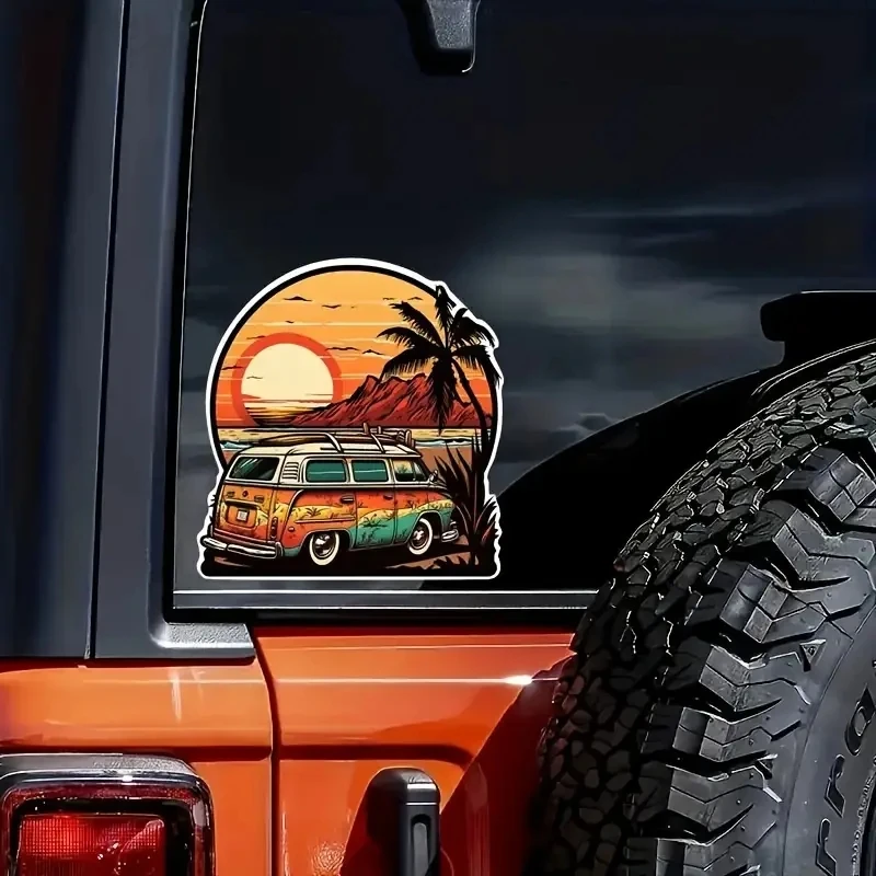 JT425# Vintage Beach Surfing Van PVC Decal - Tropical Sunset Palm Tree Travel Sticker for Car Window, Laptop, Bumper, Wall