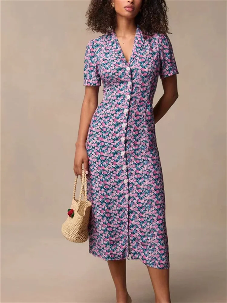 2024 Summer Women Single Breasted Midi Robe Turn-Down Collar Floral Print Short Sleeve Prairie Chic Female 100% Viscose Dress