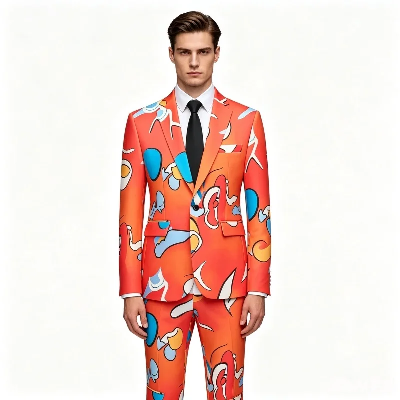 Men's Slim 3D Digital Print Suit Two-Piece Cosplay Party Festival Performance Nightclub Stage Fashionable Personality Clothing