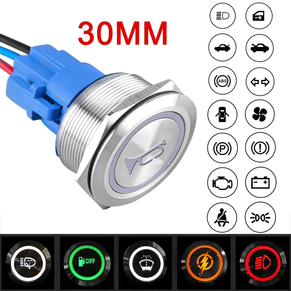 30MM Custom Symbols Stainless steel Metal Push Button Switch With Equipment Start Waterproof Latching/Momentary For Car Boat 12V