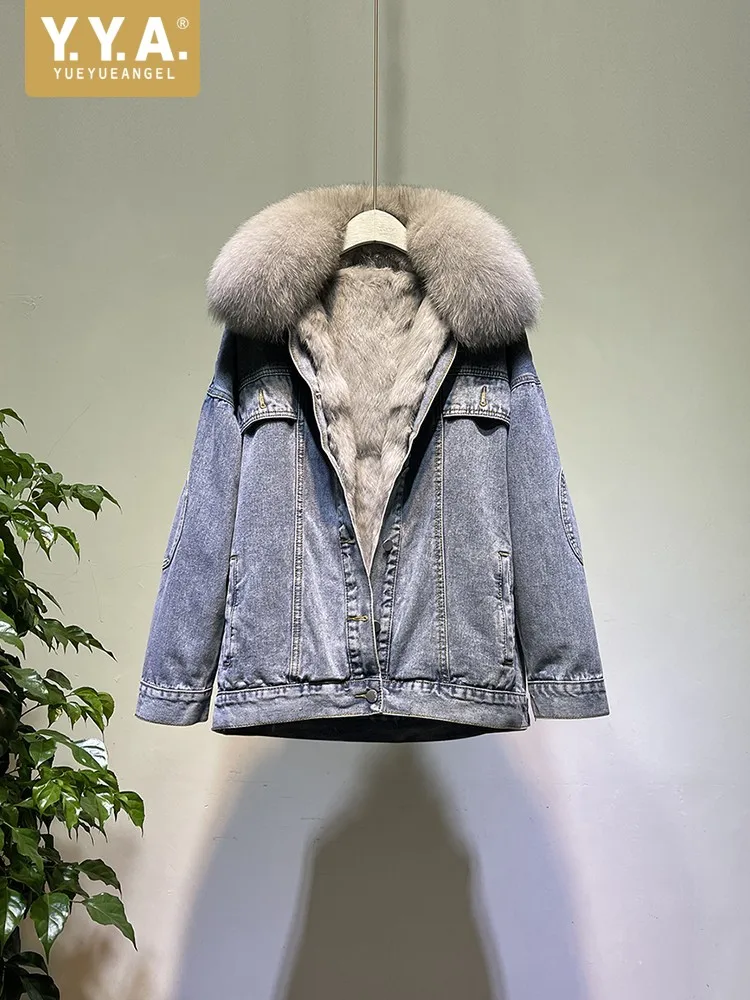 

Women Winter Fox Fur Collar Denim Jacket Rabbit Fur Inner Detachable Thick Overcoat Mid-Length Parkas Single Breasted Outerwear