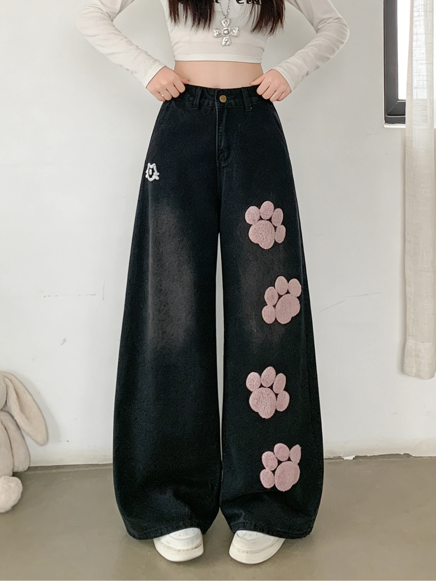 

Spring 2026 High Waist plus Size Denim Pants Claw Embroidery Bla Wide Leg Casual Sle for Women Teenagers Spring Wear