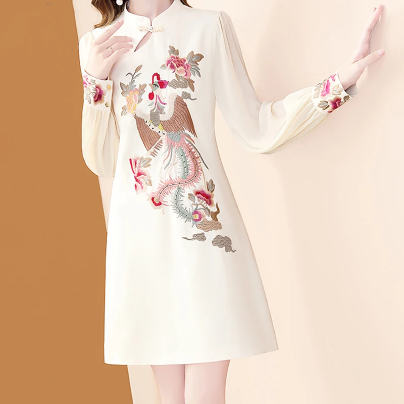 EVNISI Women Elegant Embroidery Apricot Dress O-neck Vintage Button Office A-line Long Sleeves Dresses Women Party Vestido Fall