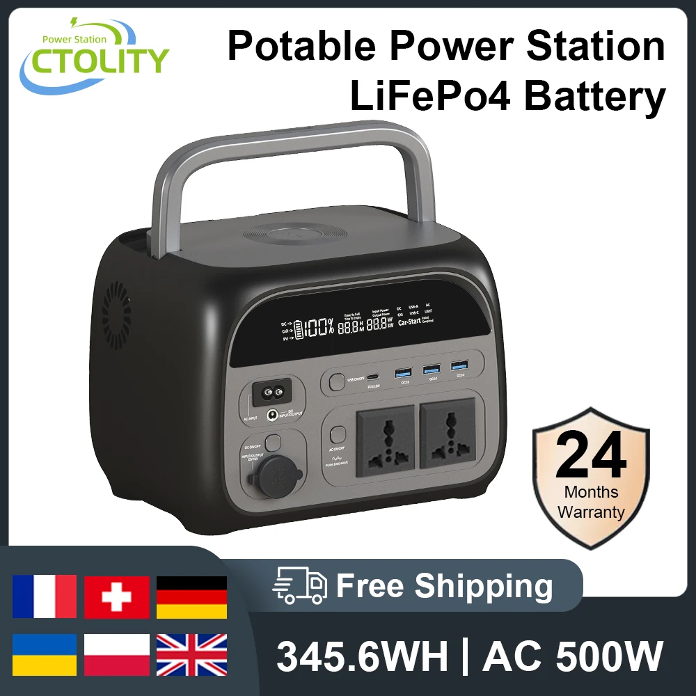 LiFePo4 Portable Power Station 500W 345Wh Backup Battery Camping Power Supply with UPS Pure Sine Wave 110V/220V AC Outlets