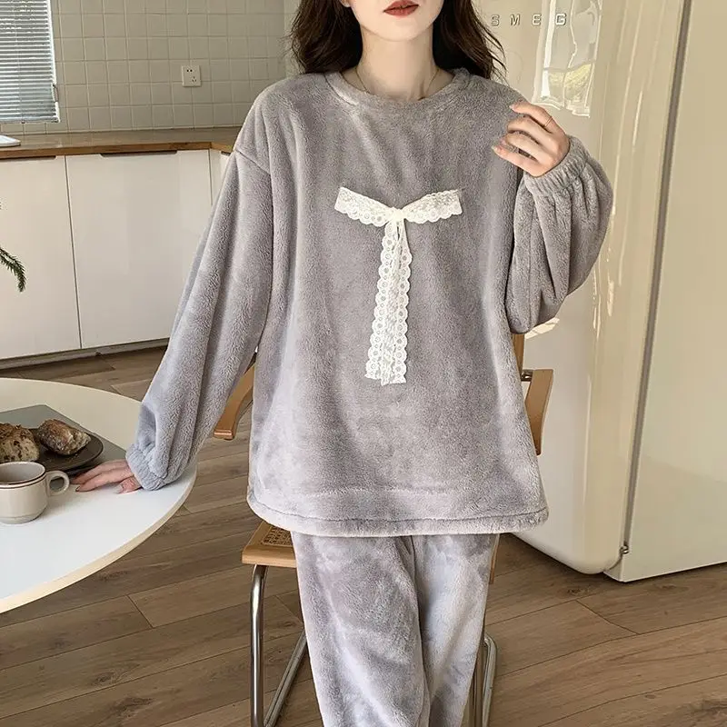 

French Style Women's Flannel Pajama Set Two Piece Coral Fleece Fleece Lined Winter Warm Sleepwear Cozy Comfortable Homewear New