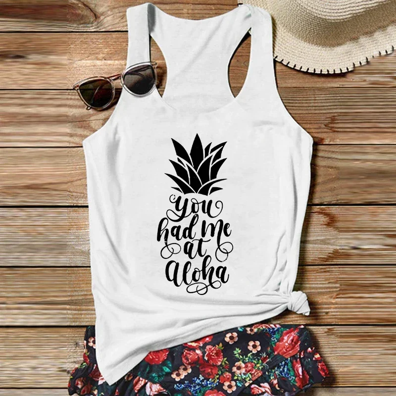 

Aloha Tops 2024 Hawaiian Tank Top Summer Vacation White Top Pineapple Pattern Clothes Sexy Women Clothing L