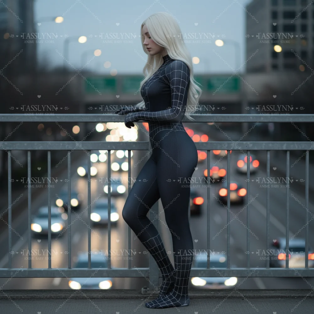 Women Symbiote Black Spider Cosplay Bodysuit, White Web Print Curvy Fit Jumpsuit, Superhero Costume for Halloween Comic Con view 6