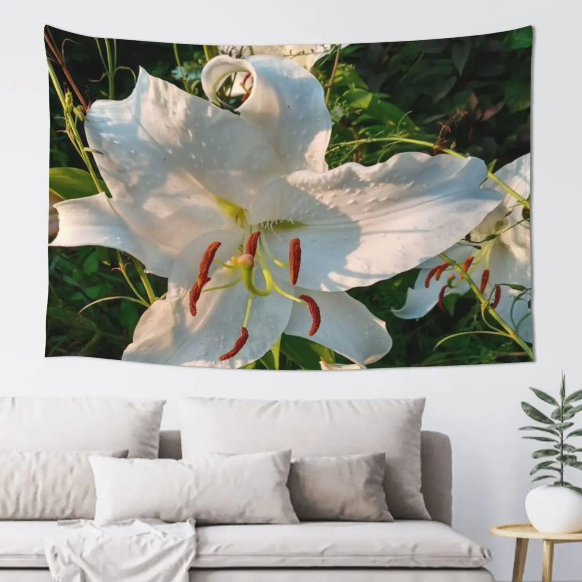 Brilliantly Illuminated Huge White Lily Inspires to Seek Enlightenment Tapestry Carpet Wall Bedroom Decoration Funny Tapestry