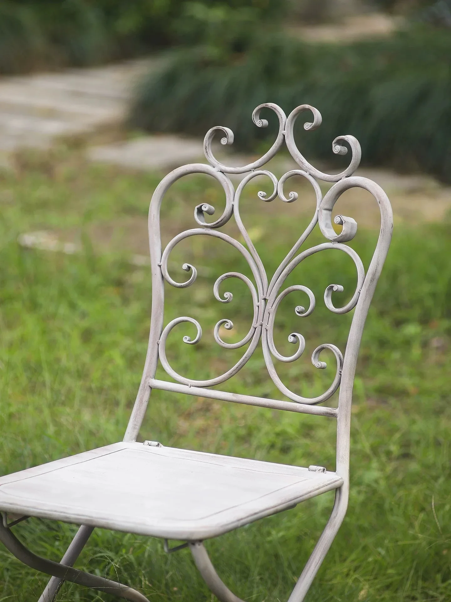 Vintage Folding Iron Chair, Distressed Antique Gray, Ornate Scrollwork Design, Outdoor Garden Bistro Chair, 19