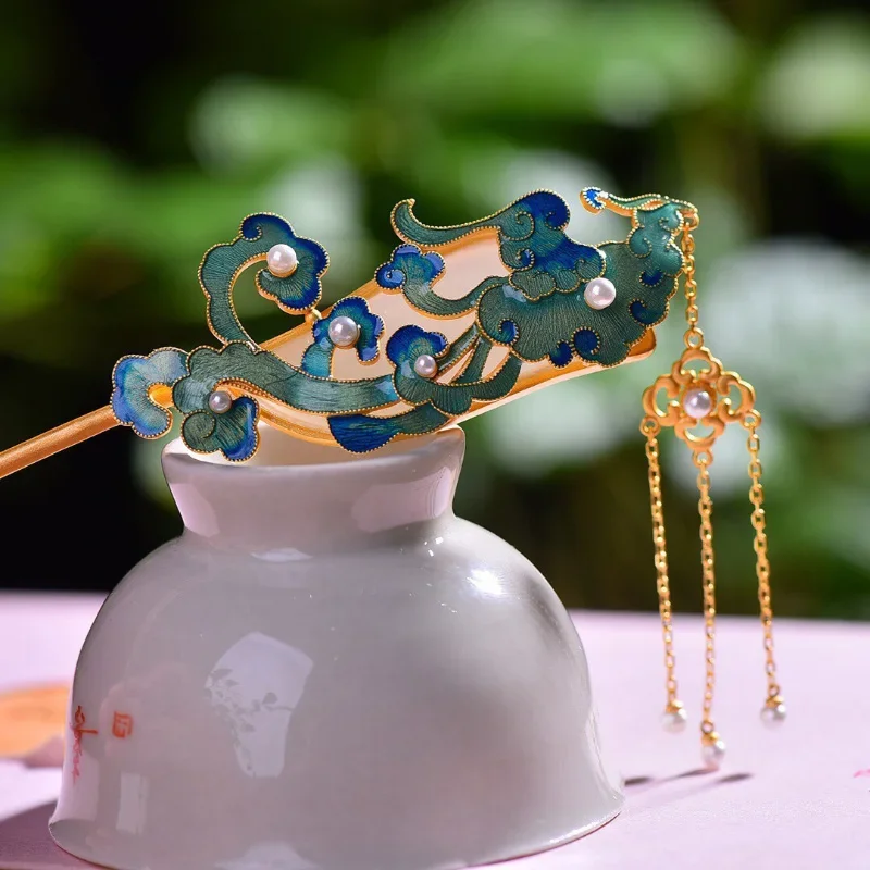 Ancient gold craft natural Hotan Jade hair jewelry for women Enamel auspicious cloud pearl tiara Court style hanfu accessories