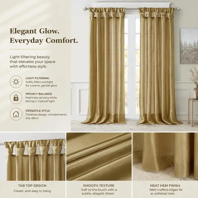 1PCS Linen Textured Twist Tab Curtain Panel 50x84 Inch, Polyester Faux Silk Fabric with Lining, Semi Blackout Thermal Insulated Drapes for Living Room Bedroom, Bronze view 5