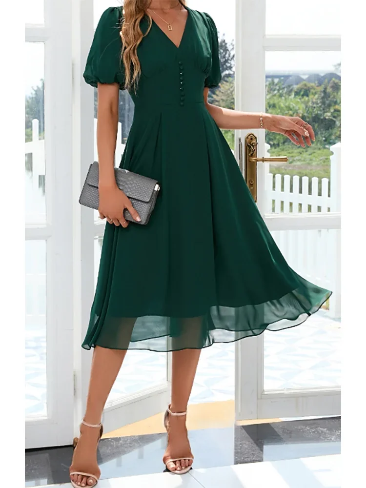 Women Plus Size Short Sleeve Dress V-Neck Elegant Slim Waist Pleated A-Line Chiffon Puff Sleeve Dresses for Summer 2024