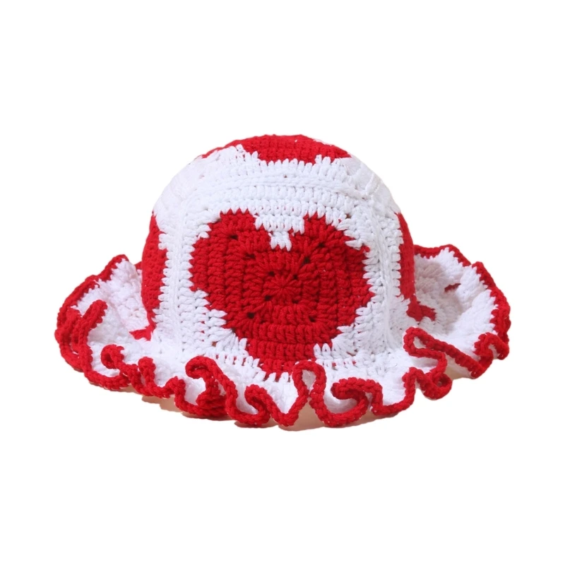 

Handmade Bucket Hat Handwoven Heart Patches Crocheted Hat for Music Festival Stylish Heart Fisherman Hat Dropship