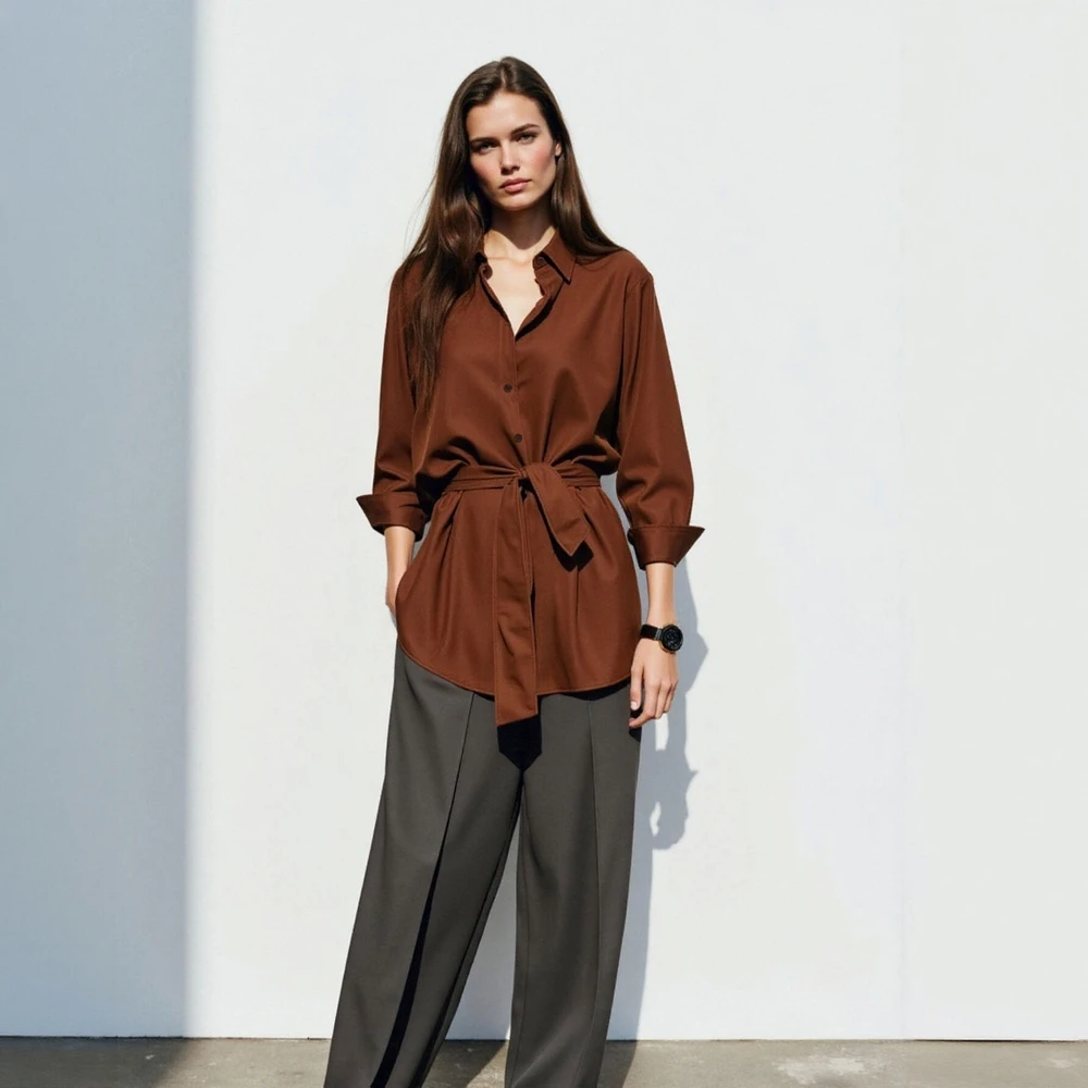 レディース長袖シャツ 無地 レースアップカラー レギュラーフィット オフィスレディトップス 秋用