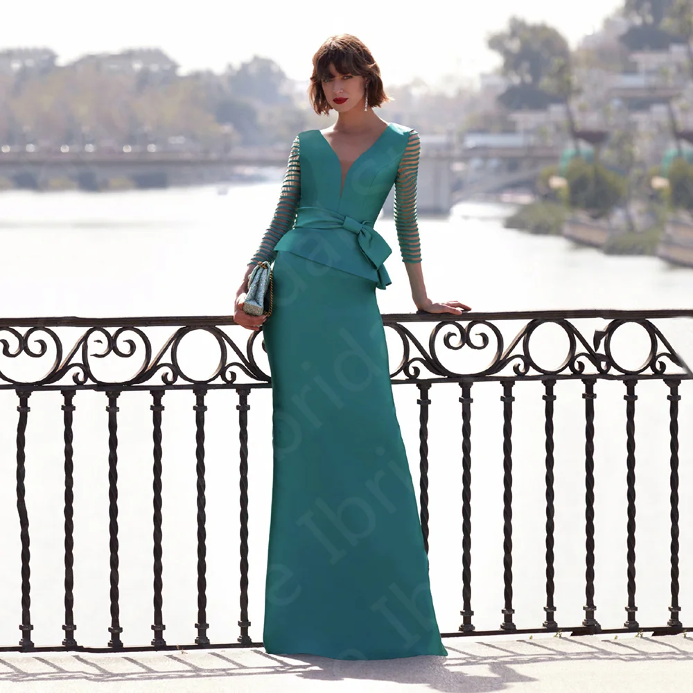 

Wholesale Blue Mermaid Mother Dresses 2023 Mother of the Bride Gown V Neck 3/4 Sleeves Bow Belt Wedding Guest Dress On Sale