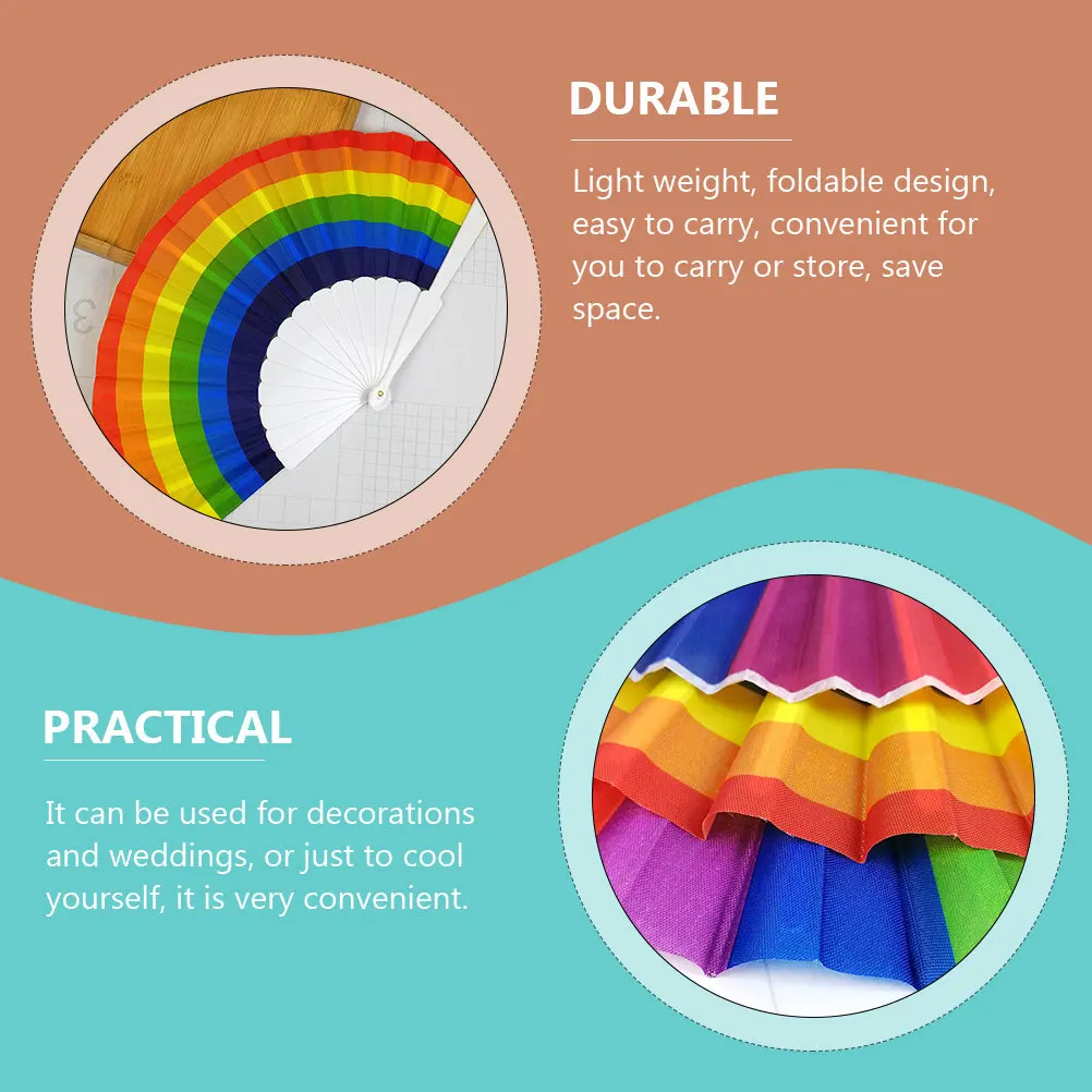 Rainbow Folding Fan Set 3pcs Wooden Fabric Handheld Fans for Dance Wedding Photo Props Lightweight
