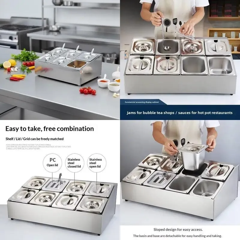 Silver Stainless Steel Grid Square Preparation Bowl, Jam and Seasoning Storage Container Kitchen Accessories