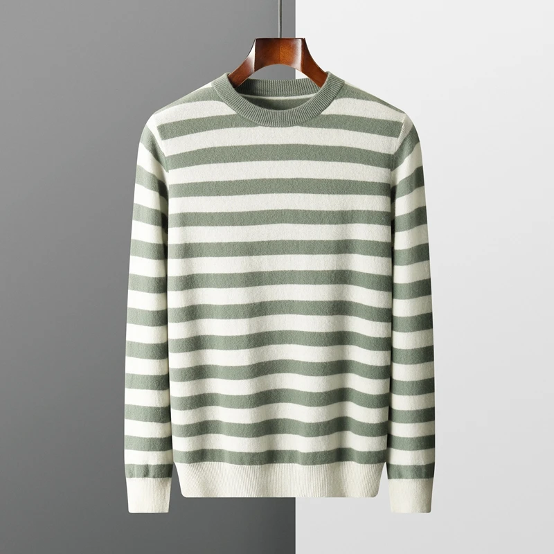 

ZOCEPT Striped Sweater for Men Autumn Winter High Quality 100% Wool Pullover Korean O-neck Color Striped Knitted Sweater Man Top